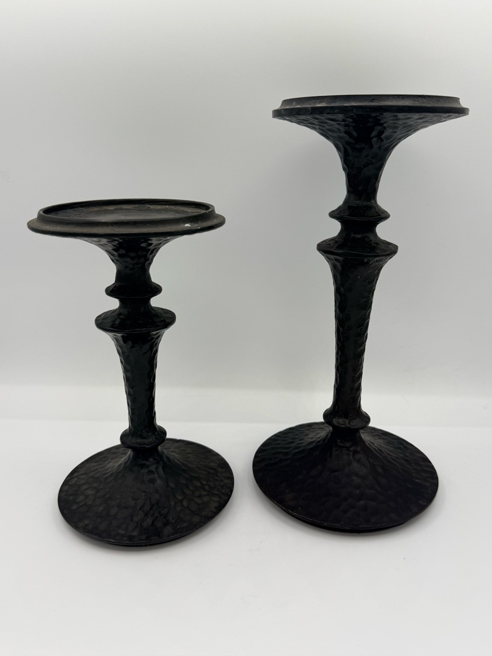 Pottery Barn Black Hammered Metal Pedestal Candle Holders, Set of 2